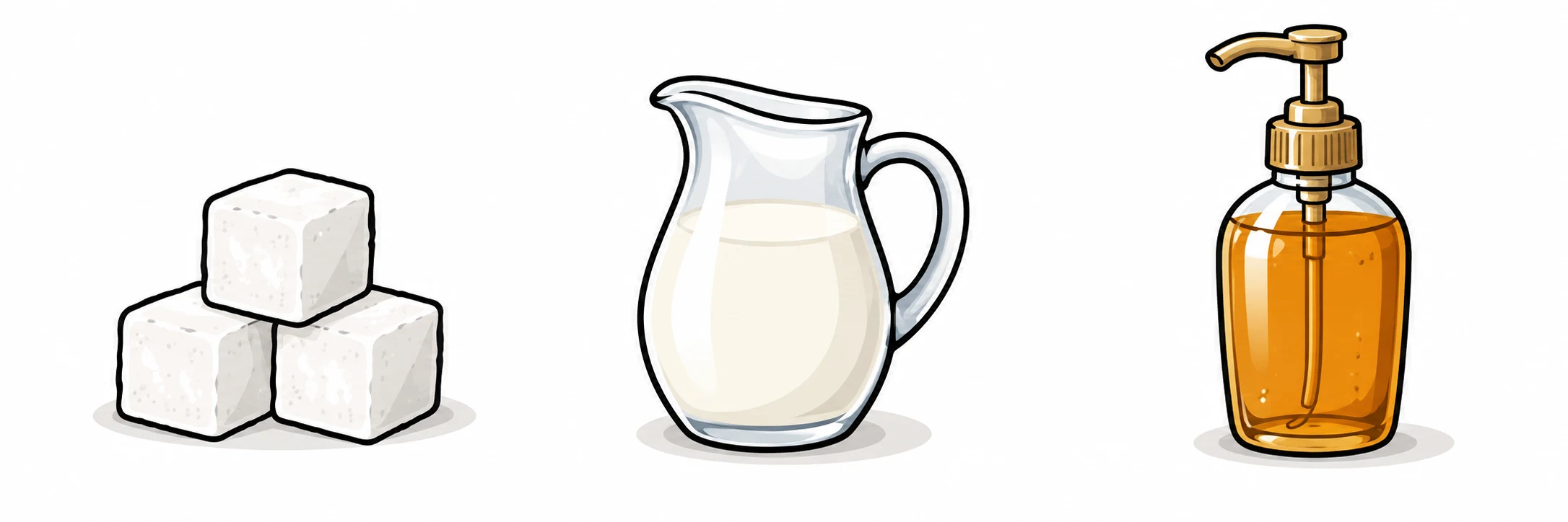 Iconos caricaturescos de cubos de azúcar, una jarrita de leche y una botella de jarabe