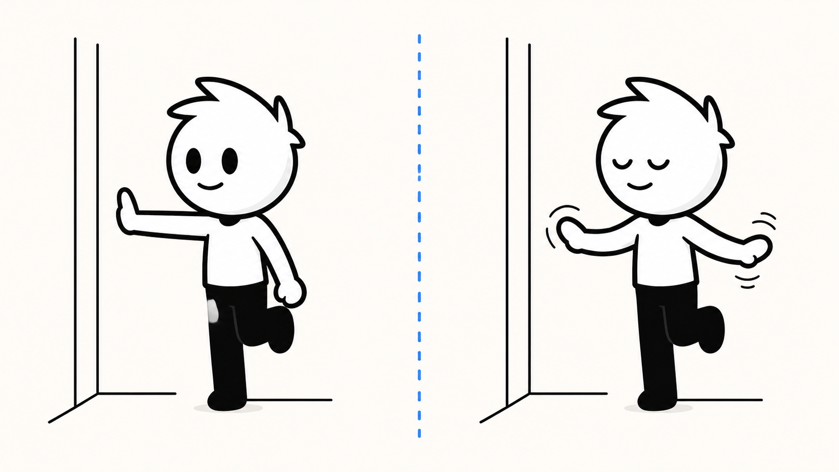 Prueba de equilibrio sobre una pierna con los ojos abiertos y cerrados, realizada junto a una pared